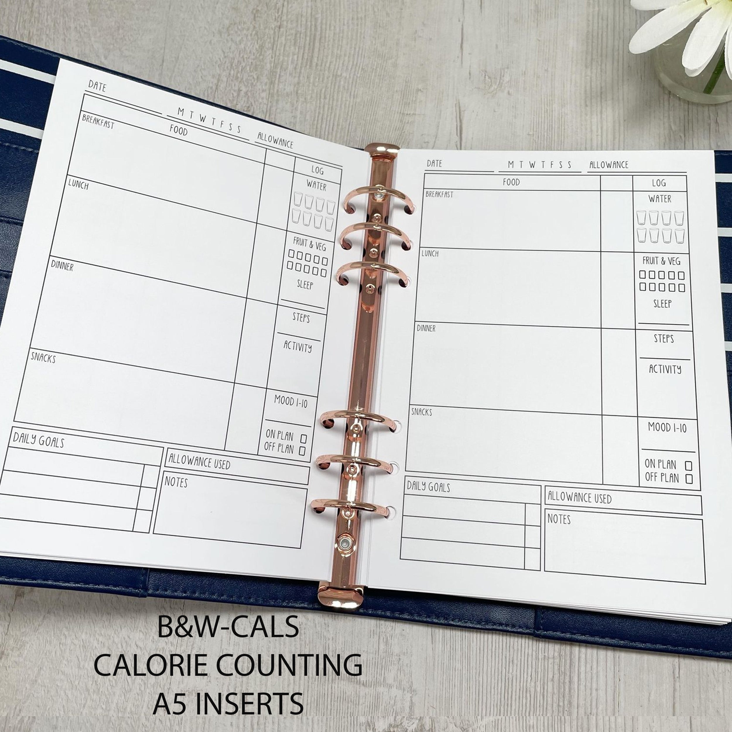 Food Diary Inserts - B&W CALS - Positive Vibes -  A5 Inserts